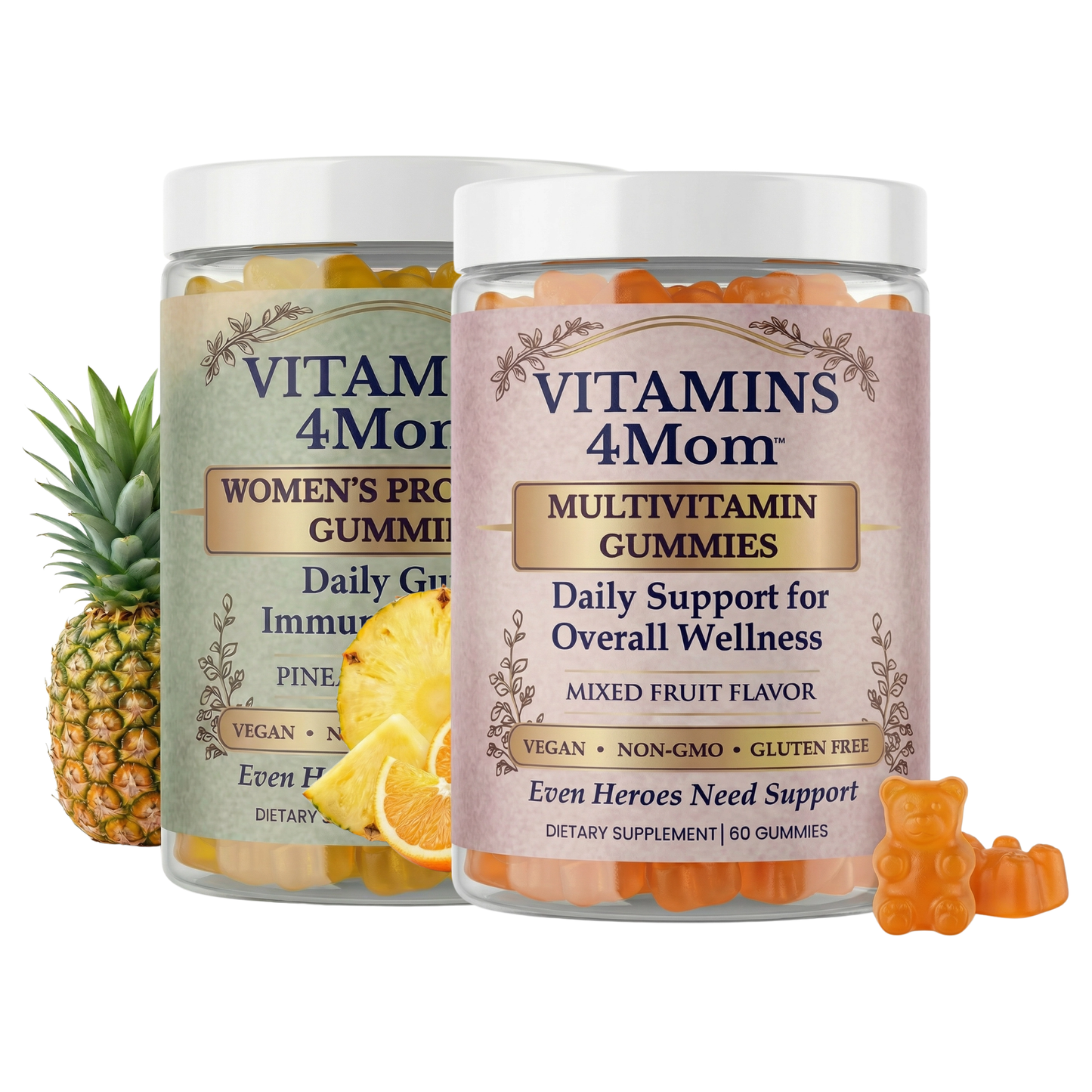 Two jars of 'Vitamins 4 Mom' gummy vitamins with a pineapple and gummy bear on a white background.