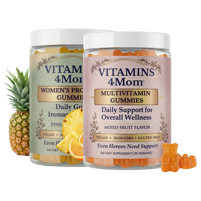 Two jars of 'Vitamins 4 Mom' gummy vitamins with a pineapple and gummy bear on a white background.
