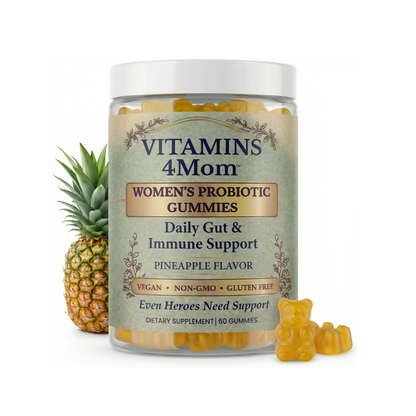 Vitamins 4 Mom women's probiotic gummies with a pineapple and gummy bear on a white background