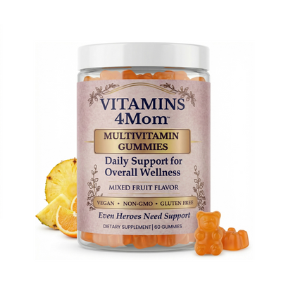 Vitamins 4 Mom multivitamin gummies container with gummies and pineapple on a white background