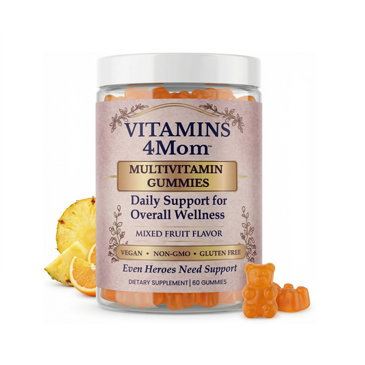 Vitamins 4 Mom multivitamin gummies container with gummies and pineapple on a white background